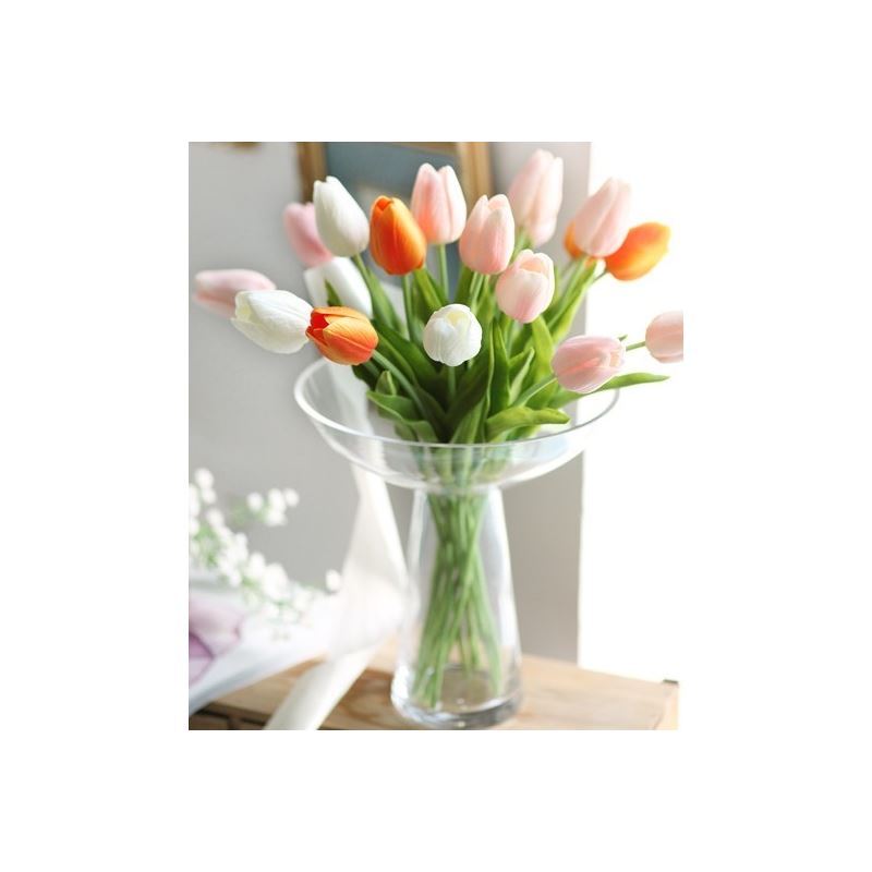 Tulip Silk Flowers, Wide Open Glass Flower Vase Arrangement